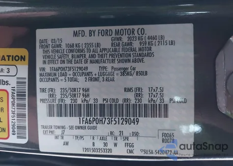 2015 Ford Fusion Se z USA, uszkodzony, nr VIN 1FA6P0H73F5129049